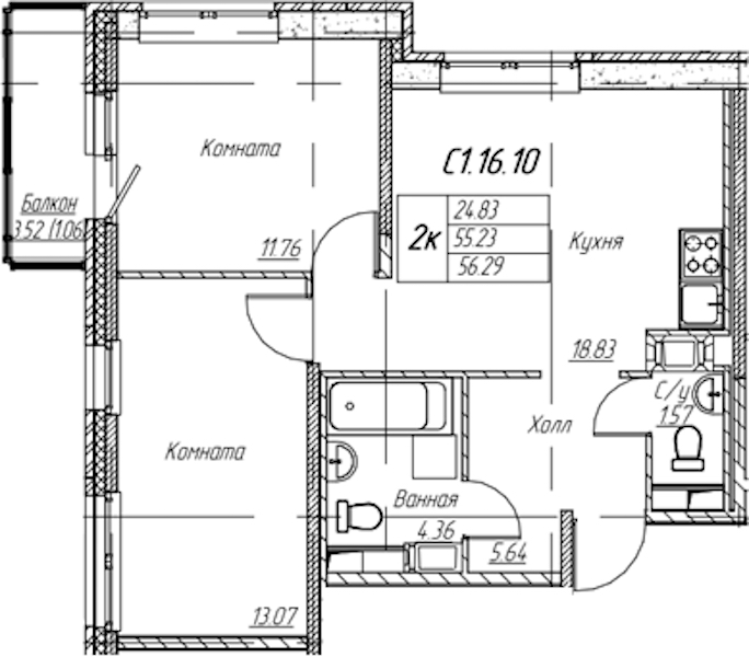 2-комнатная квартира 56.29 м², 16/22 эт., ЖК «Парк-квартал Юнтолово»